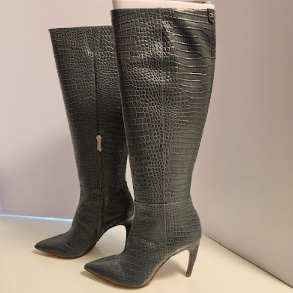 Sam Edelman Grey Crocodile Leather Knee-High Boots - Picture 1 of 9